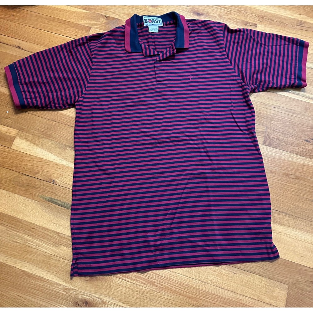 Vintage Boast Polo Shirt Mens Large L Striped Navy Burgundy Cotton Hong Kong